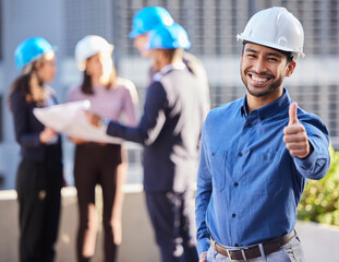 Businessman, portrait and architect with thumbs up for winning, success or teamwork in construction on site. Happy man or engineer smile and thumb emoji, yes sign or like for approval in architecture