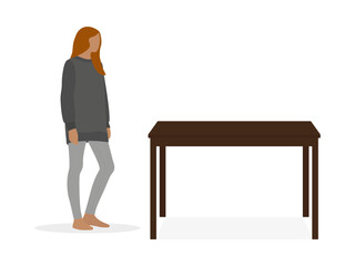 A female character in home clothes stands near a table on a white background