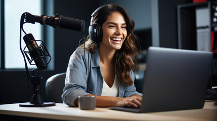 Young woman records a podcast in her home office.