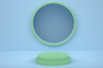 Pastel green cylinder podium with steps on blue background