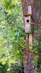 Bird house and young spring leaves. A small wooden gray nesting box on the natural background. The beautiful handmade birdhouse in the green park. The hand made old, nice wood bird house