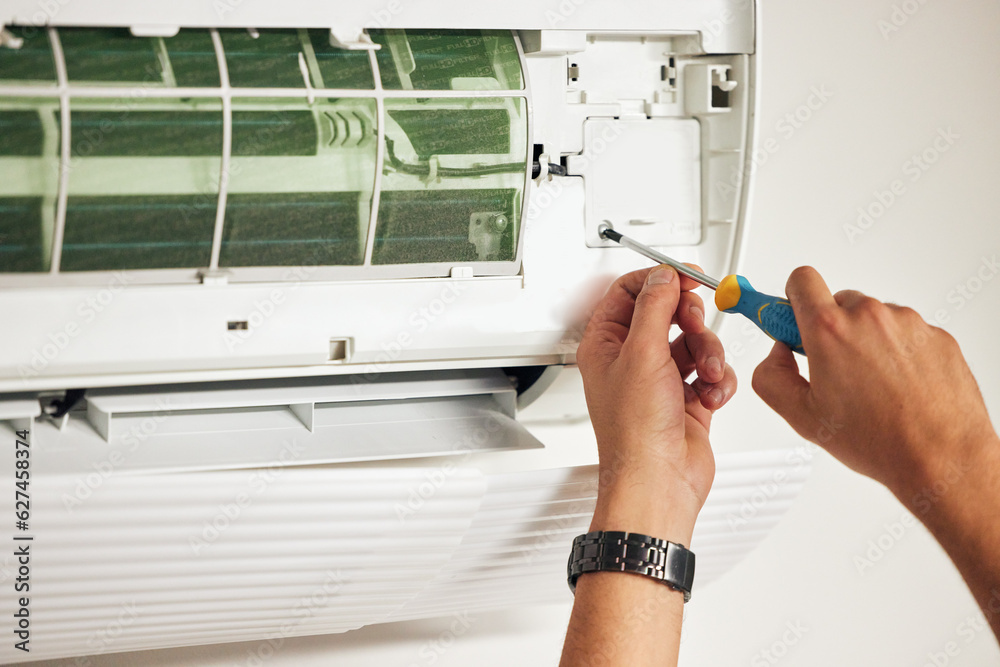 Poster maintenance, air conditioner and hands of man with screwdriver for problem solving on machine. airco