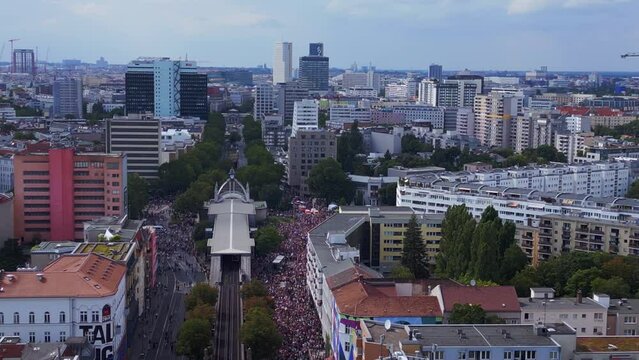 Magic aerial top view flight drone. CSD Pride Love Parade 2023 in city Berlin