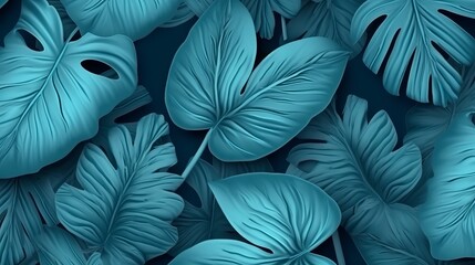 Monochrome light blue tropical leaves foliage on a blue background