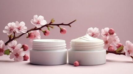 Fototapeta na wymiar Illustration of cosmetic creams with herbal flowers for face skin