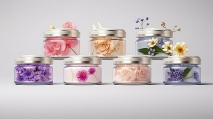 Illustration of cosmetic creams with herbal flowers for face skin in glass jar