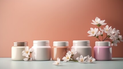 Obraz na płótnie Canvas Jar with skin care cream among flowers. Mockup of organic natural ingredients beauty product on plants background