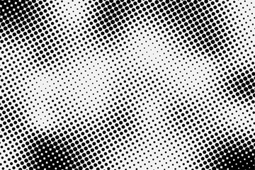 Abstract spotted halftone black effect. Monochrome texture for printing on badges, posters, and business cards. Vintage background of dots randomly arranged