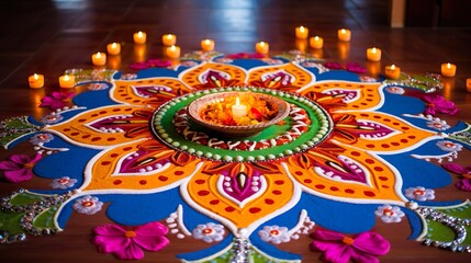 Beautiful Floor Decoration of Diwali with Diya and Rangoli Celebration of Diwali with lights 