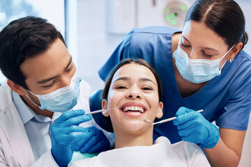 Healthcare, dentist and portrait of woman for teeth whitening, service and dental care. Medical consulting, dentistry and orthodontist with tools for patient for oral hygiene, wellness and cleaning