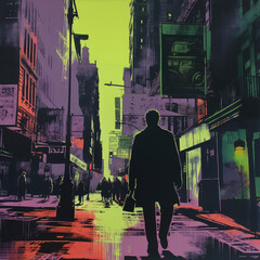 a man walking in the city with hard silhouettes and intense shadows in the style of printing and graffiti 