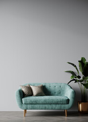 Premium living room in gray and green color. Grey walls, ligh mint teal lounge furniture - turquoise couch. Empty space for art or picture. Rich interior design. Mockup of a room or lounge. 3d render
