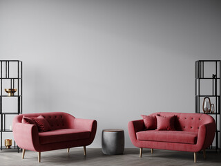 Huge living room with calm maroon crimson red sofas. Gray accent painting wall empty for art. Mockup luxury room hall interior design or reception lounge. Shelving and table, decor. 3d render