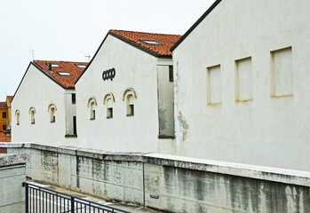 View of three gray buildings in Venice, Italy