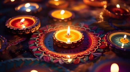 Obraz na płótnie Canvas Beautiful Floor Decoration of Diwali with Diya and Rangoli Celebration of Diwali with lights 