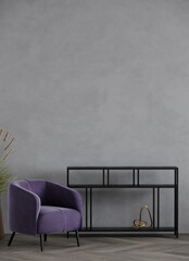 Vertical living room with mockup empty gray plaster wall stucco microcement or concrete. Dark purple chair color. Lounge room - modern design interior gallery with black concole. 3d render 