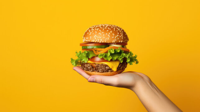 Hands holding a cheese burger on an orange background