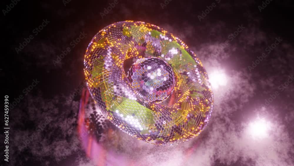 Poster loop 3d animation. abstract geometric figure of a set of hexagons. a torus of metal segments and a s
