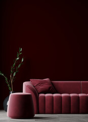 Accent living lounge room in dark colors - burgundy maroon and black. Dark empty painted wall background and cherry red velor couch. Blank wall for art. Contemporary interior design. 3d rendering  © Viktoriia Lytvyn