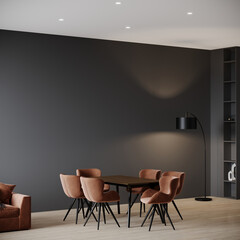 Dinning area in soft dark colors. Beige brown and gray or black colors details. Minimalistic room with empty walls for art. Menu template or blank invitation. Modern lounge living room. 3d rendering 