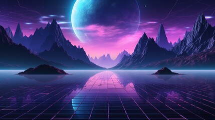 Generative AI, 80s retro futuristic sci-fi., nostalgic 90s. Night and sunset neon colors, cyberpunk vintage illustration. Sun, mountains and palms. Retrowave VJ videogame landscape..