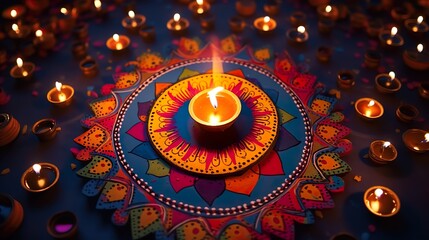 Obraz na płótnie Canvas Beautiful Floor Decoration of Diwali with Diya and Rangoli Celebration of Diwali with lights 