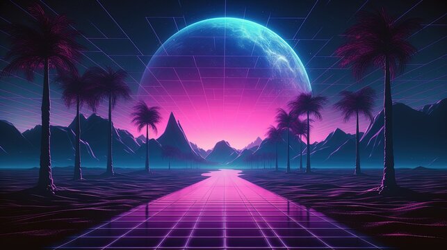 Generative AI, 80s retro futuristic sci-fi., nostalgic 90s. Night and sunset neon colors, cyberpunk vintage illustration. Sun, mountains and palms. Retrowave VJ videogame landscape..