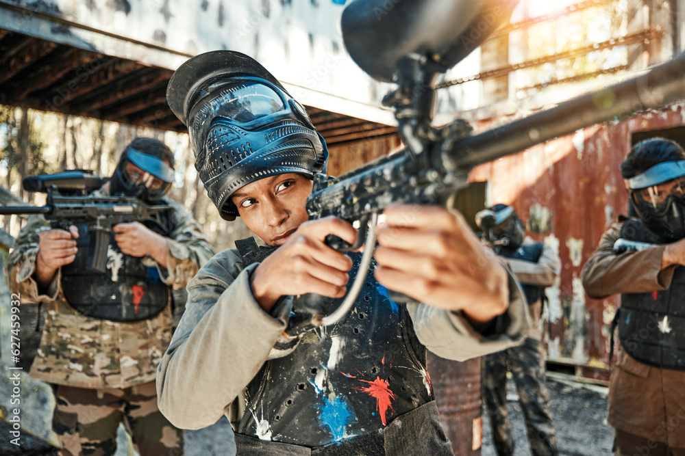 Wall mural paintball team, gun and woman aim, focus and shooting at target practice, competition or military co