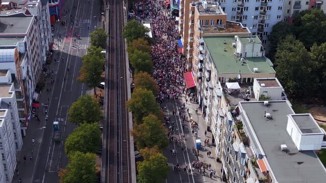Lovely aerial top view flight drone. CSD Pride Love Parade 2023 in city Berlin