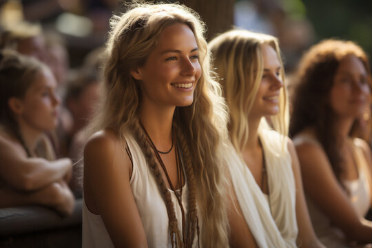 Young beautiful yogi girl meditates in the ashram in India, satsang evening for the yoga students. AI Generative