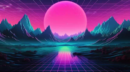 Foto auf Acrylglas Rosa Generative AI, 80s retro futuristic sci-fi., nostalgic 90s. Night and sunset neon colors, cyberpunk vintage illustration. Sun, mountains and palms. Retrowave VJ videogame landscape..