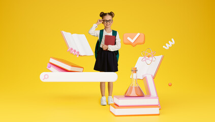 Schoolgirl Standing Near Search Bar And Books Icons, Yellow Background