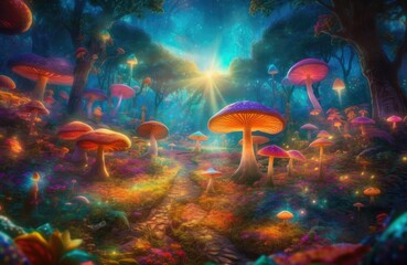 Naklejka na ściany i meble Magical field of colorful, luminous mushrooms with dancing fairies., generative IA