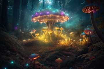 Fototapeta na wymiar Magical field of colorful, luminous mushrooms with dancing fairies., generative IA