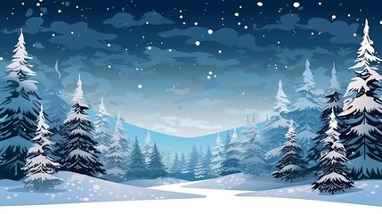 Illustration of a winter wonderland with snowy trees in a scenic landscape