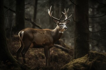 Naklejka na ściany i meble Majestic deer emerge in the forest at dusk., generative IA