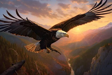 Meubelstickers Majestic eagle flying over mountain peaks at dusk., generative IA © Gabriel