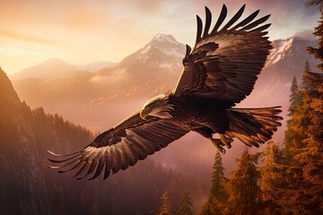 Plakat Majestic eagle flying over mountain peaks at dusk., generative IA