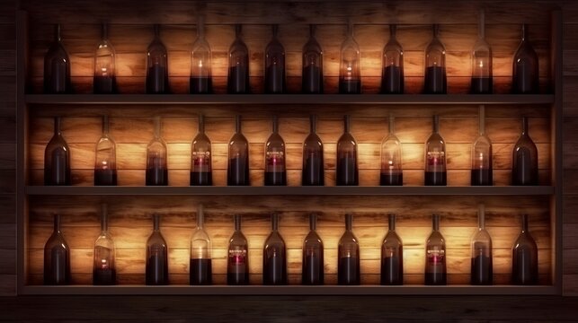 Wine bottles on wooden shelves in dark wine-cellar