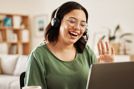 Home customer service, laptop video call and happy woman wave hello on freelance online conference communication. Telemarketing, remote work or person talking on tech support, help desk or webinar