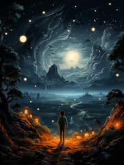vector illustation from far away of a young boy on a forest with a sky full of fireflies, Generative Ai