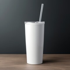 Refreshing white skinny tumbler with straw, mockup, Generative AI