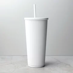 Refreshing white skinny tumbler with straw, mockup, Generative AI © avrezn