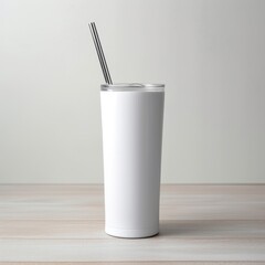 Refreshing white skinny tumbler with straw, mockup, Generative AI