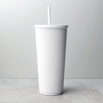 Refreshing white skinny tumbler with straw, mockup, Generative AI
