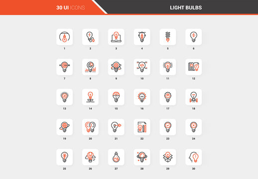 Vector set of light bulbs flat line web icons. Each icon with adjustable strokes neatly designed on pixel perfect 48X48 size grid. Fully editable and easy to use.