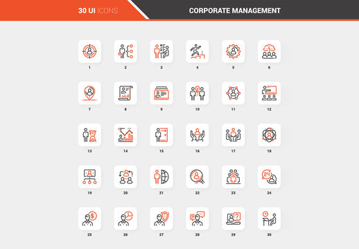 Vector set of corporate management flat line web icons. Each icon with adjustable strokes neatly designed on pixel perfect 48X48 size grid. Fully editable and easy to use.