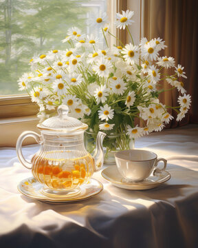 Photorealistic image of a cozy table in a village house with a bouquet of daisies and tea