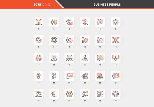 Vector set of business people flat line web icons. Each icon with adjustable strokes neatly designed on pixel perfect 48X48 size grid. Fully editable and easy to use.