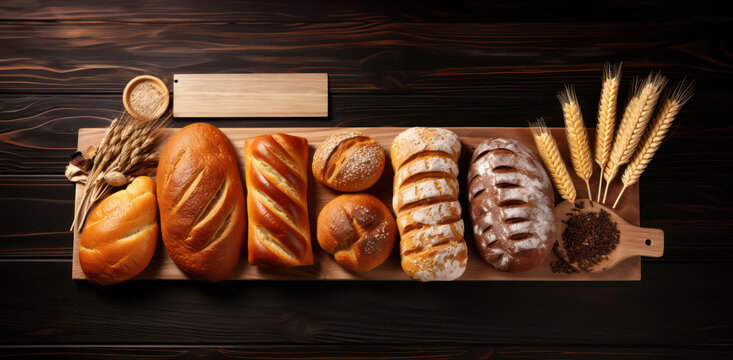 bread bakery shop or a supermarket bread section with empty price or name tag as wide banner with copy space area - Generative AI